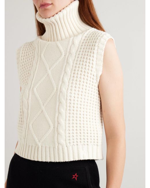 Perfect Moment Natural Crystal Cropped Cable-Knit Merino Wool Turtleneck Tank
