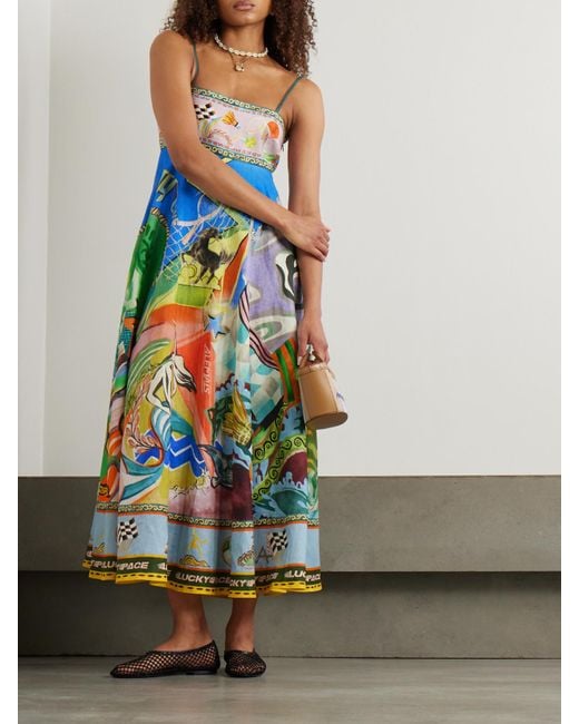 ALÉMAIS White Lucky Pace Printed Shirred Linen Dress