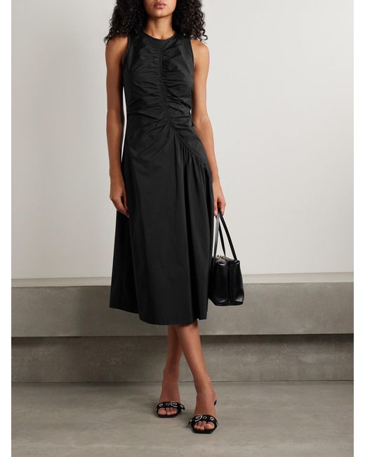 Theory Black Ruched Cotton-Blend Sateen Midi Dress