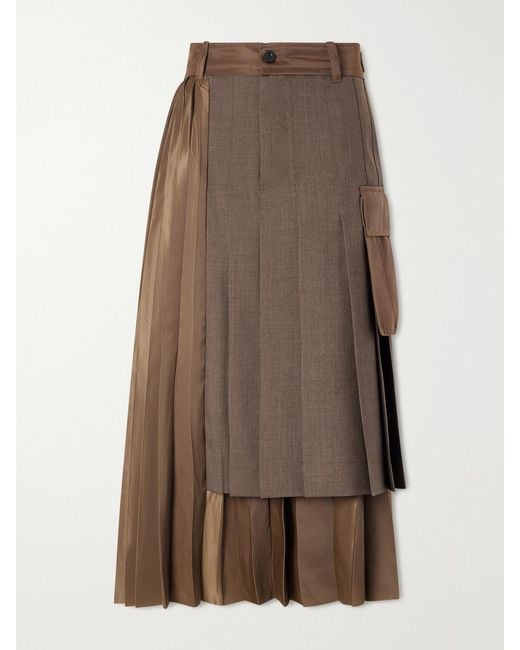 Sacai Natural Pleated Twill And Shell Midi Skirt
