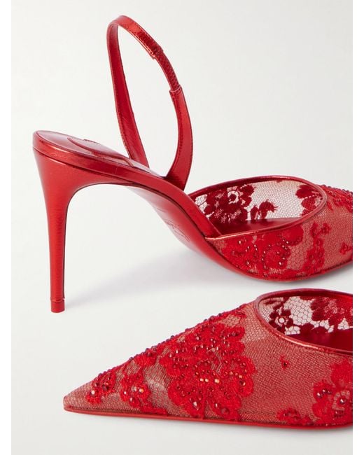 Christian Louboutin Red Kate Max Slingback-Sandalen Aus Spitze Mit Metallic-Lederbesätzen Und Kristallen