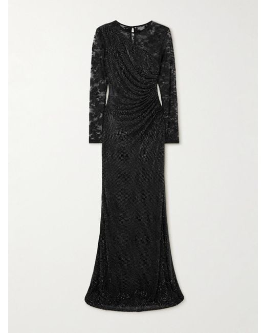 Self-Portrait Black Lace-Trimmed Crystal-Embellished Jersey Gown