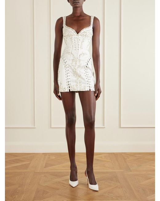 Clio Peppiatt White Bridal Brigette Embellished Lace-Up Satin Mini Dress