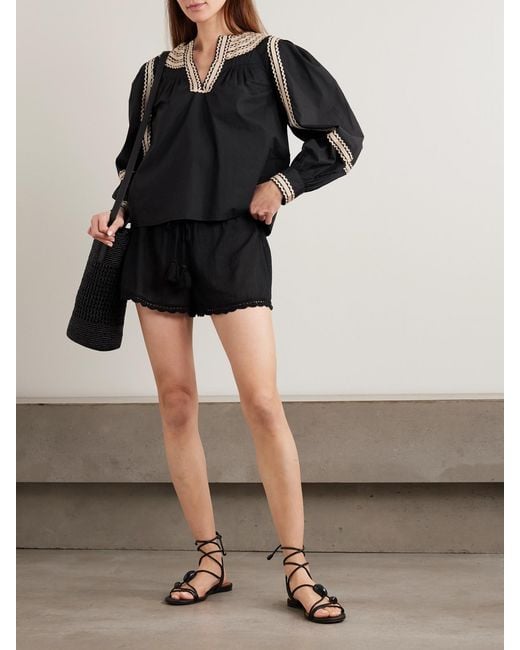 Ulla Johnson Black Laurenza Ricrac And Grosgrain-Trimmed Cotton-Poplin Blouse