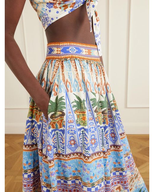 Emporio Sirenuse White Ombretta Pleated Printed Cotton Midi Skirt