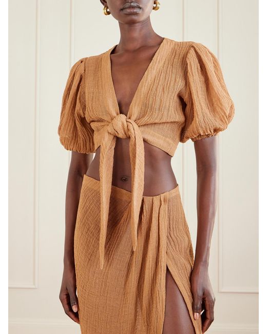 Lisa Marie Fernandez Brown Pouf Cropped Linen-Blend Gauze Wrap Top