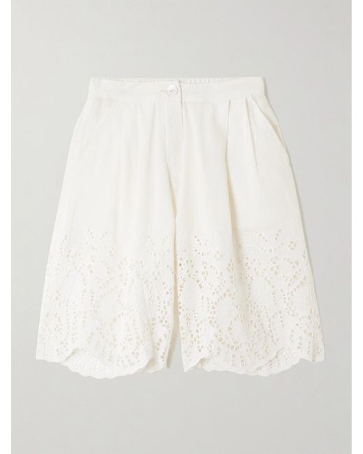 Thierry Colson White Scalloped Pleated Broderie Anglaise Linen And Cotton-Blend Shorts
