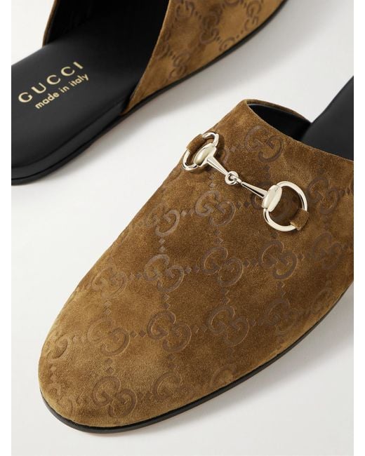 Gucci Brown Horsebit-Detailed Debossed Suede Slippers