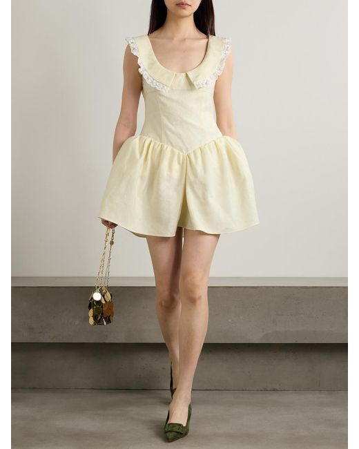 ShuShu/Tong Yellow Ruffled Lace-Trimmed Cady-Jacquard Mini Dress