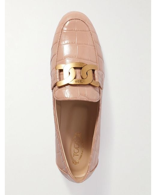 Tod's Natural Embellished Croc-Effect Leather Loafers