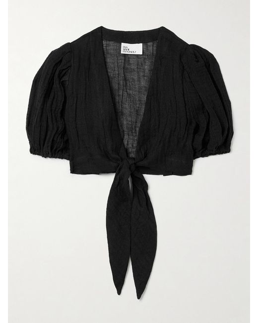 Lisa Marie Fernandez Black Cropped Tie-Front Linen-Blend Gauze Top