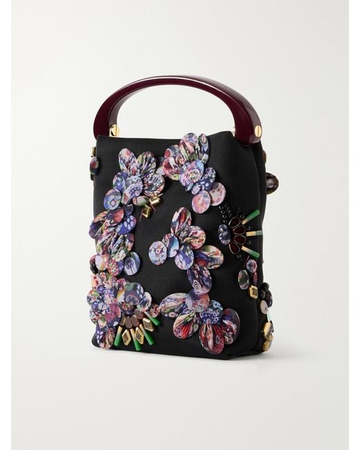 Dries Van Noten Black Bead-Embellished Leather-Trimmed Mesh Tote