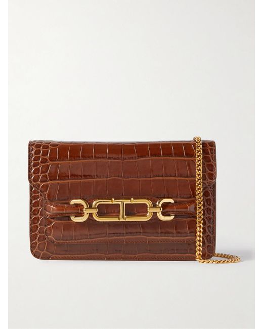 Tom Ford Brown Kleine Schultertasche Aus Glanzleder Mit Krokodileffekt