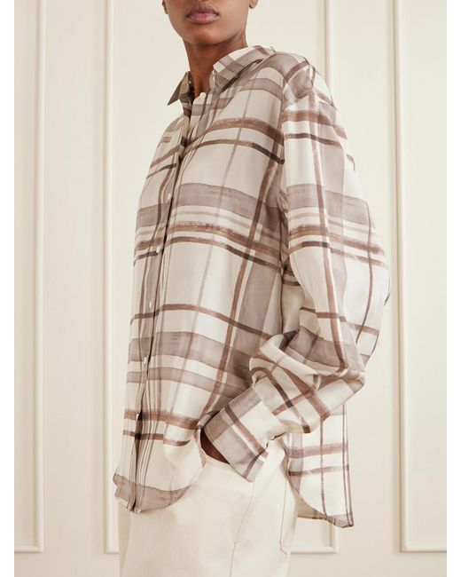Brunello Cucinelli Natural Checked Silk-Satin Shirt