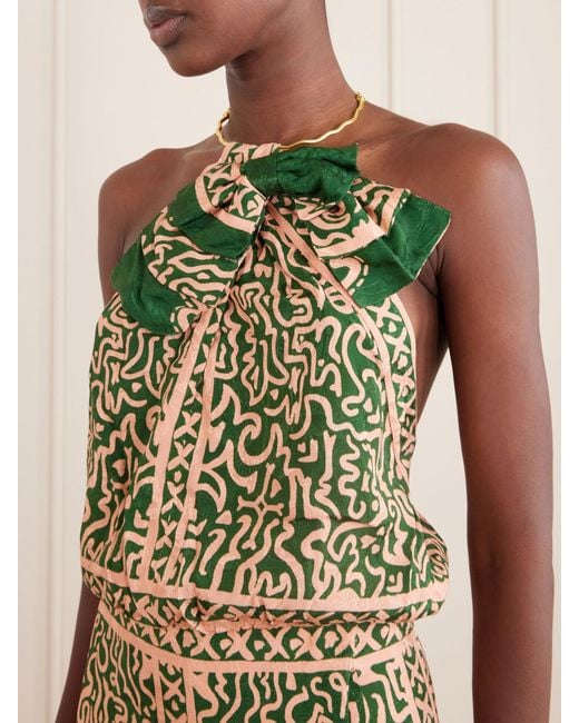 Johanna Ortiz Green Southern Reverie Bow-Detailed Embellished Satin-Jacquard Top