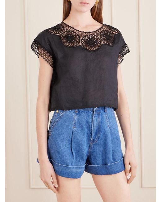 Nili Lotan Black Caila Crochet-Trimmed Ramie Top