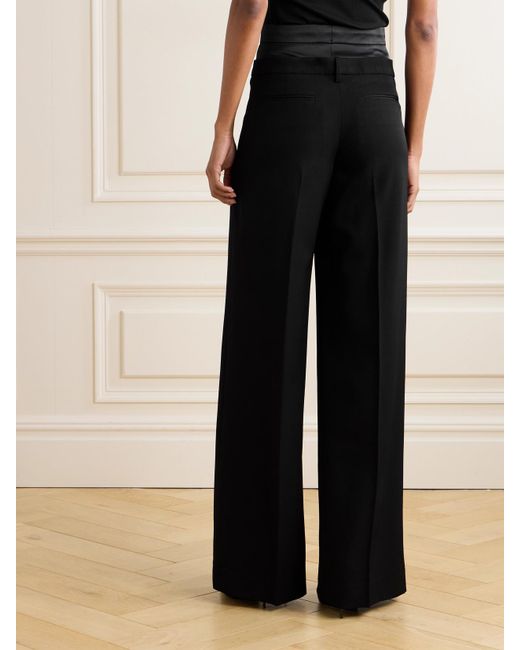 Erdem Black Satin-Trimmed Grain De Poudre Wool Wide-Leg Pants