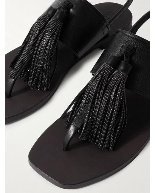 Brunello Cucinelli Black Sandalen Aus Leder Mit Troddeln Und Zierperlen