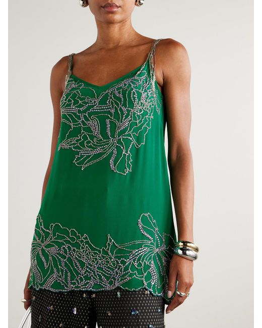 Dries Van Noten Green Embellished Silk-Crepe Camisole