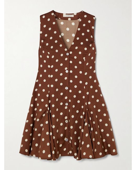 Doen Aubrey Pleated Polka-Dot Silk-Blend Twill Mini Dress in Brown