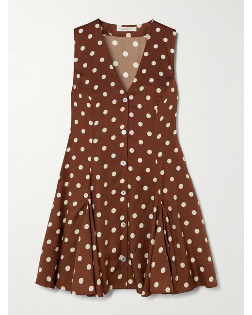 Doen Aubrey Pleated Polka-Dot Silk-Blend Twill Mini Dress in Brown | Lyst