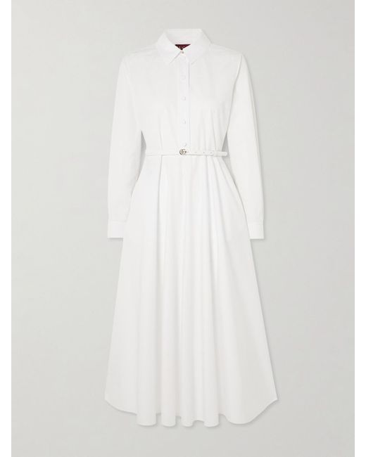 Gucci White Midikleid Aus Baumwollpopeline Mit Gürtel Und Prägung
