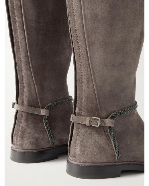 Brunello Cucinelli Brown Kniehohe Stiefel Aus Veloursleder Mit Schnallen Und Zierperlen