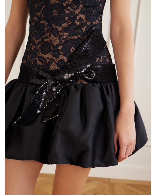 Self-Portrait Black Sequined-Trimmed Satin And Lace Mini Dress