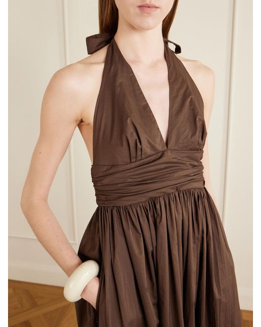 Matteau Brown Gathered Organic Cotton-Poplin Halterneck Maxi Dress