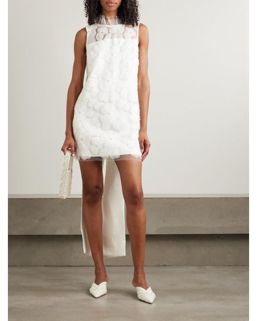 Self-Portrait White Embellished Appliquéd Tulle And Satin Mini Dress