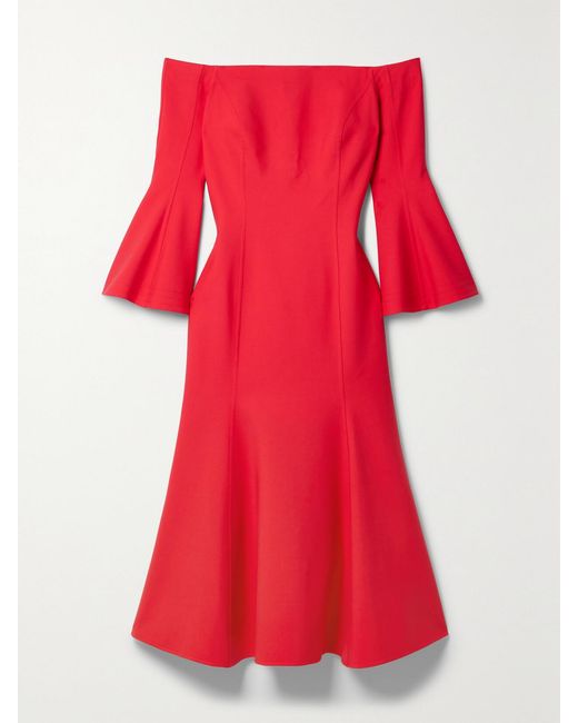 Oscar de la Renta Red Off-The-Shoulder Wool-Blend Midi Dress