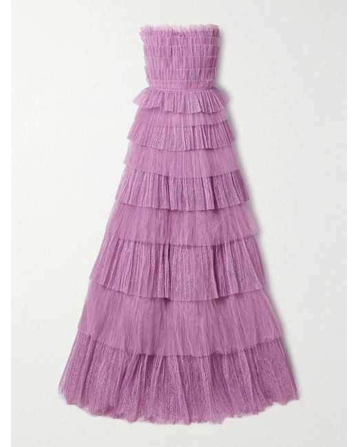 Costarellos Purple Trissa Strapless Tiered Plissé-Tulle And Chantilly Lace Gown