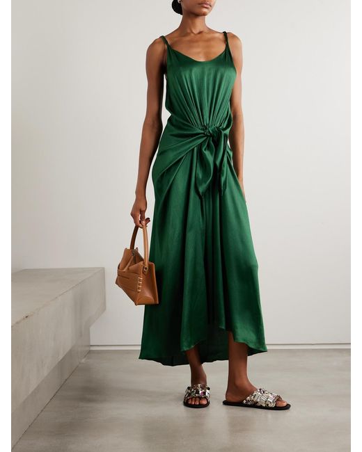 J.W. Anderson Green Tie-Detailed Crinkled-Silk Maxi Dress