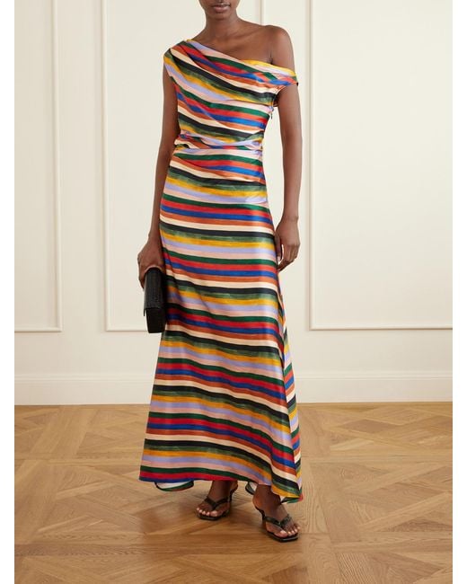 Staud White Phare One-Shoulder Draped Striped Silk-Blend Satin Maxi Dress