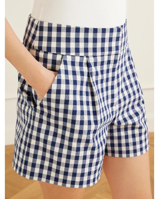 Veronica Beard Blue Haina Pleated Checked Stretch-Cotton Cloqué Shorts