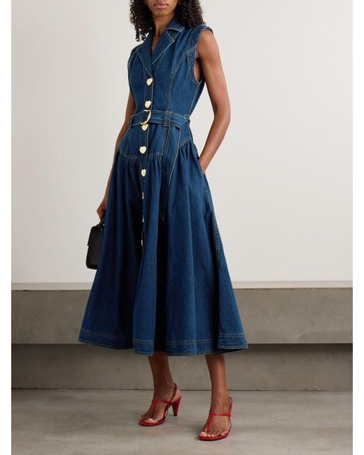 Robe Midi En Jean À Fronces Et À Ceinture Elena Aje. en coloris Blue