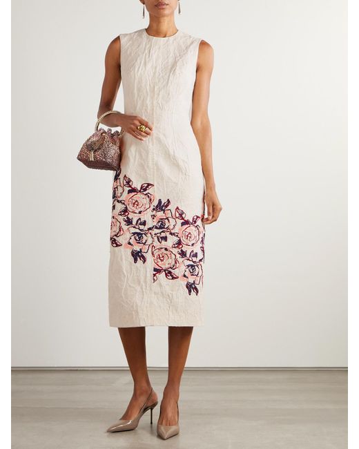 Robe Midi En Coton Et Lin Mélangés À Broderies Erdem en coloris White