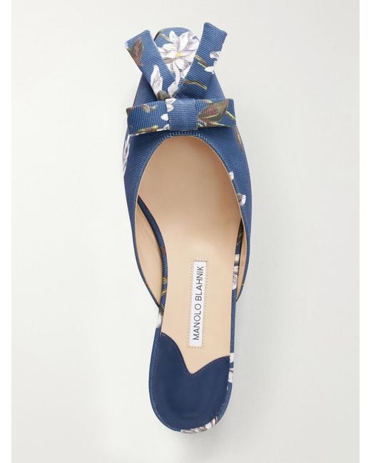 Manolo Blahnik Blue Emilia Wickstead Bow-Embellished Floral-Print Grosgrain Flats