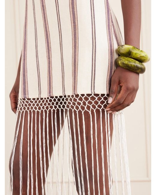 Alix Of Bohemia White Vita Fringed Striped Cotton And Linen-Blend Mini Dress