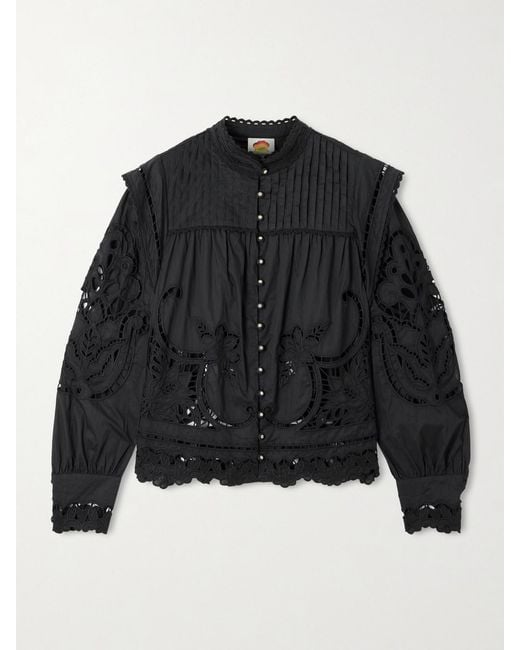 Farm Rio Black Richilieu Pleated Broderie Anglaise Cotton Blouse