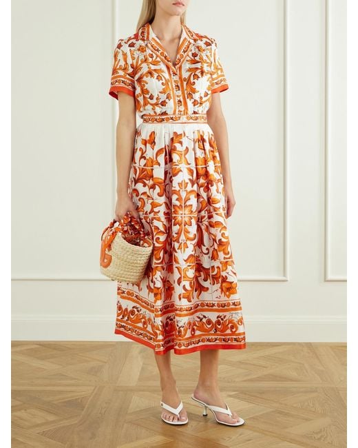 Dolce & Gabbana White Floral-Printed Silk-Twill Midi Dress