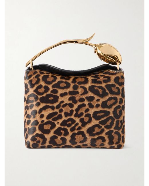 Erdem Brown Bloom Mini Animal-Print Calf Hair Clutch