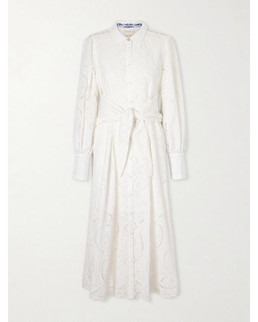 Camilla White Tie-Detailed Broderie Anglaise Cotton Midi Shirt Dress