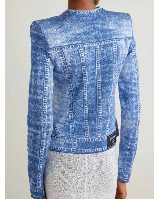 Balmain Blue Cardigan Aus Jacquard-Strick Mit Trompe-L'Œil-Print