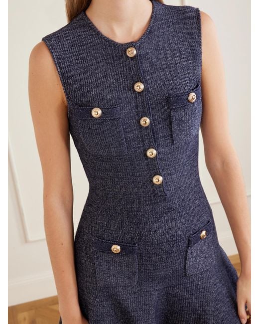 Self-Portrait Blue Scalloped Knitted Cotton-Blend Mini Dress