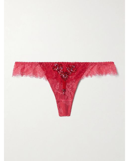 Agent Provocateur Red Graicelle Embellished Leavers Lace And Stretch-Silk Satin Thong