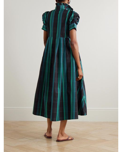 Thierry Colson Green Venetia Midikleid Aus Karierter Baumwollpopeline Mit Raffungen