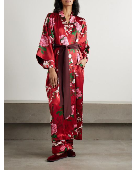 Olivia Von Halle Red Queenie Belted Floral-Print Silk-Satin Robe