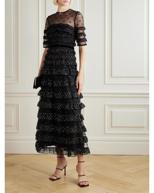 Costarellos Black Ruffled Fil Coupé Tulle And Chiffon Midi Dress