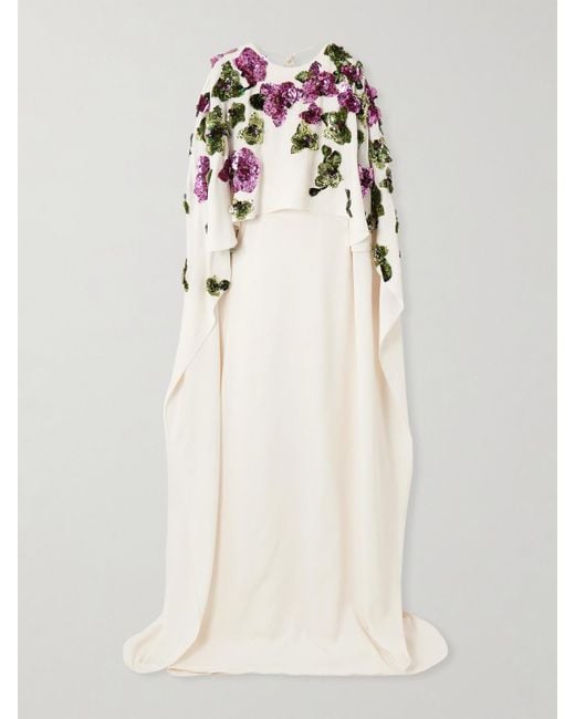 Robe Du Soir Effet Cape En Georgette De Soie Stretch À Sequins Oscar de la Renta en coloris Natural